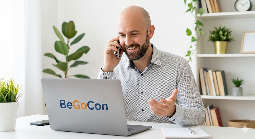 Benjamin Gornetzki bei einer telefonischen Beratung zu Wärmepumpe und Photovoltaik in Braunschweig